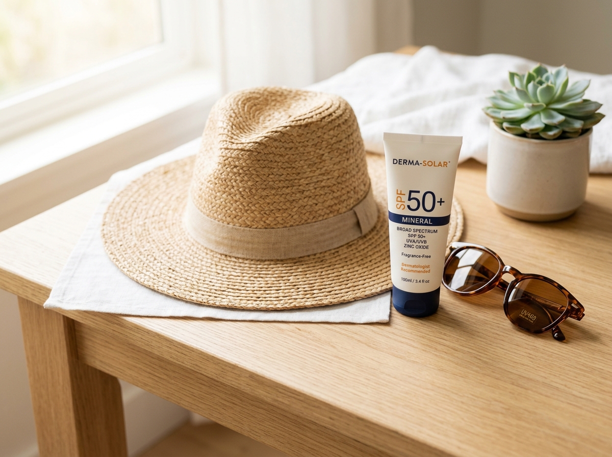 SPF 50+ Mineral Güneş Kremi, Şapka ve Tıbbi Filtreli Gözlük Koruması